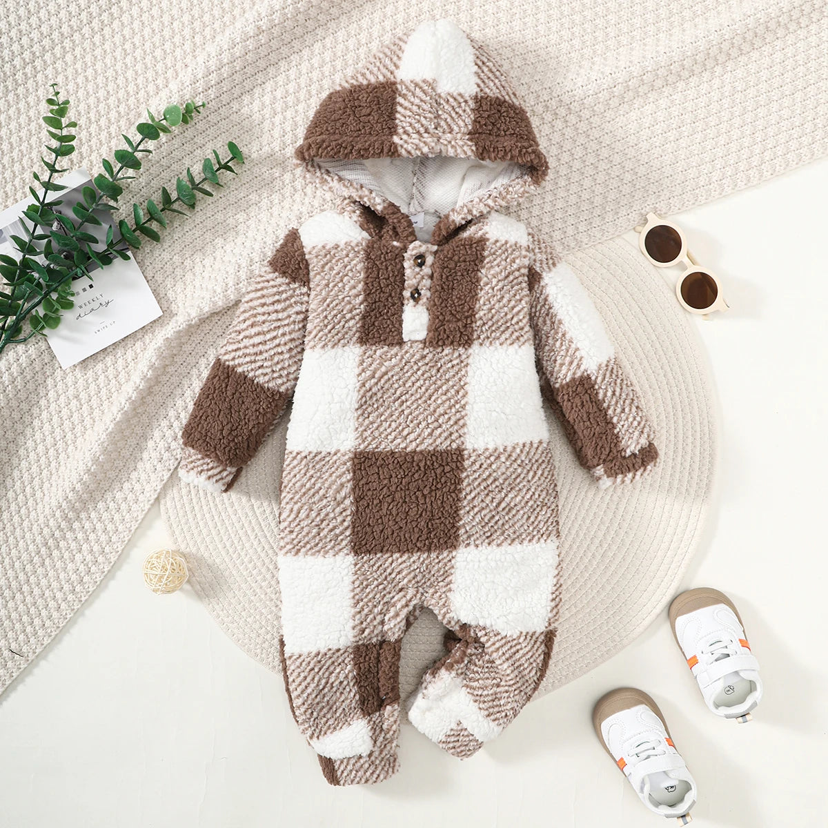 Plaid Hooded Long Sleeved Baby Winter Romper