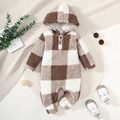 Plaid Hooded Long Sleeved Baby Winter Romper