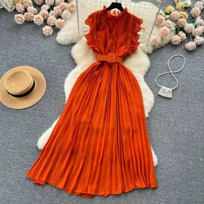 Women's Stand Collar Puffy Sleeves Gored Skirt Dress