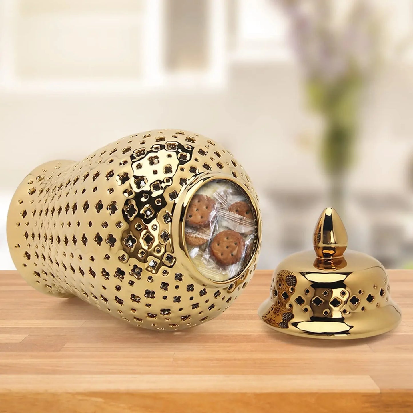 Gold Ceramic Pierced Temple Jar Home Decor Bud Vase