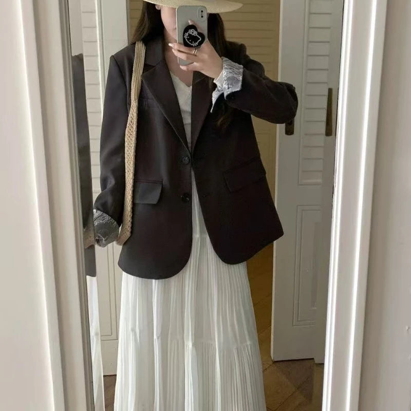 Blazer patchwork en dentelle à manches longues pour femme