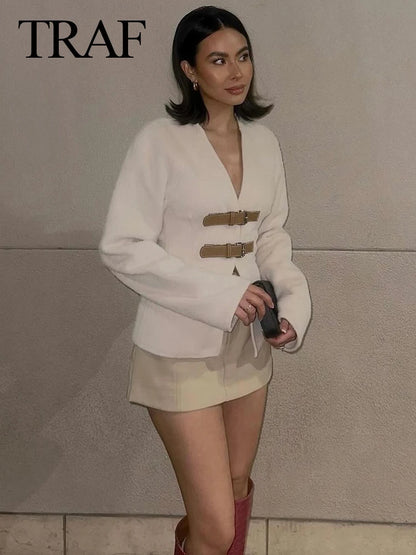 Veste en cuir et laine – Manteau élégant à simple boutonnage