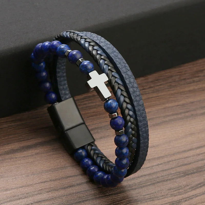 Bracelet en cuir pour hommes en acier inoxydable multicouche