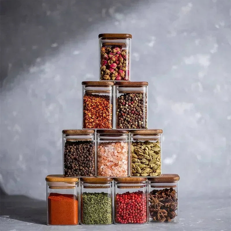 Acacia-Covered Square Glass Spice Jars