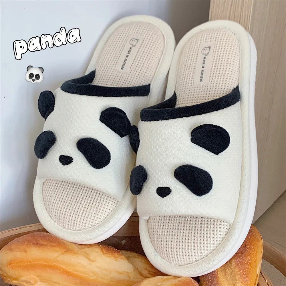 Cute Cartoon Panda Linen Slippers for Women