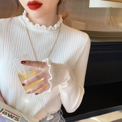 Long Sleeve Slim Elastic Knitted Women's Mock Neck Sweater