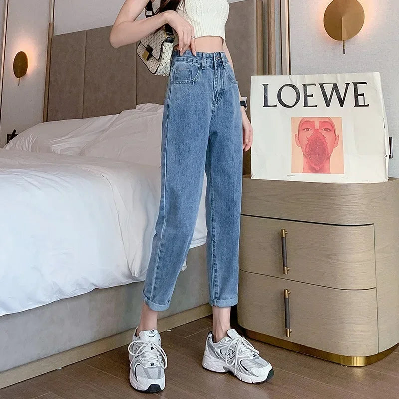 Jean amincissant taille haute pour femme, coupe ample et droite