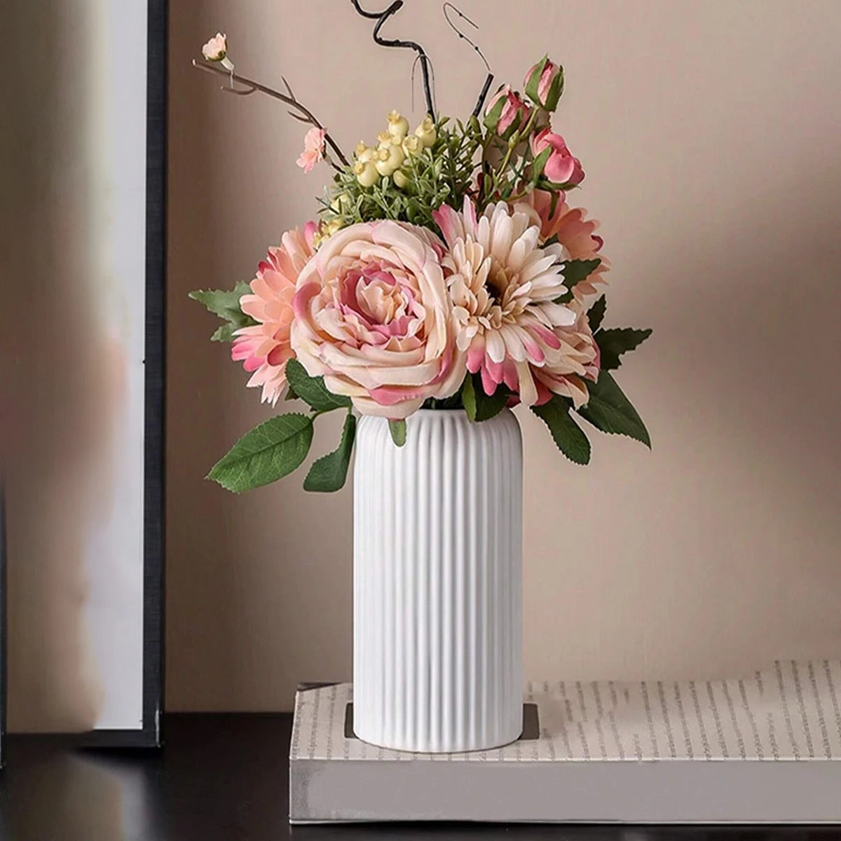 Striped Ceramic-Like Plastic Vase for Floral Display