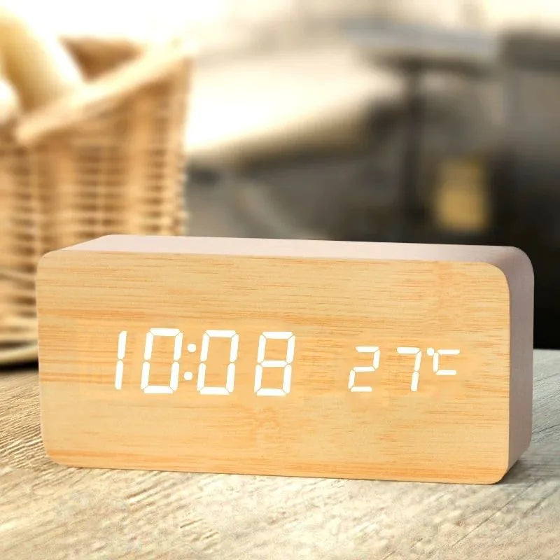 Wooden LED Digital Alarm Clock with Temperature Display