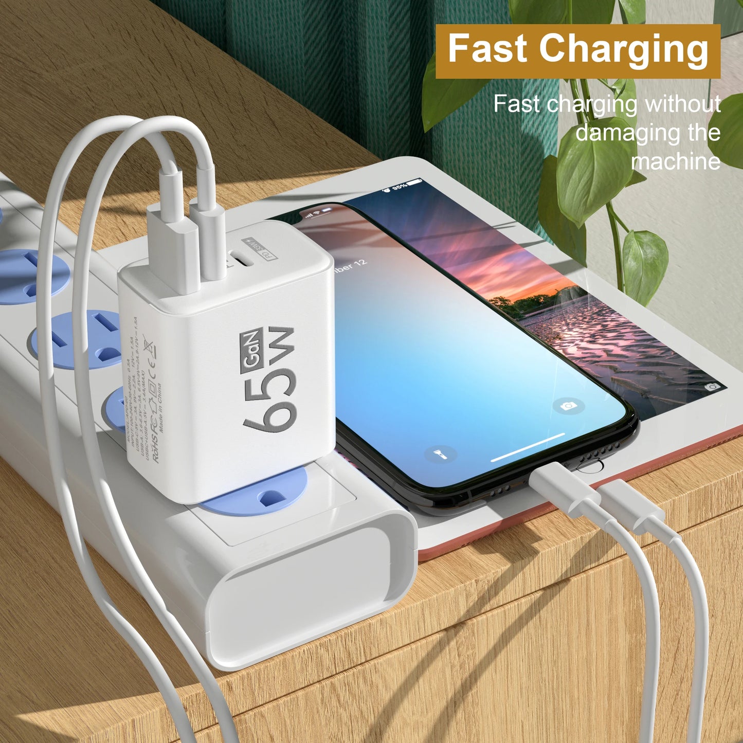 65W 3 Ports USB PD Charger - Type C Fast Charging Adaptor