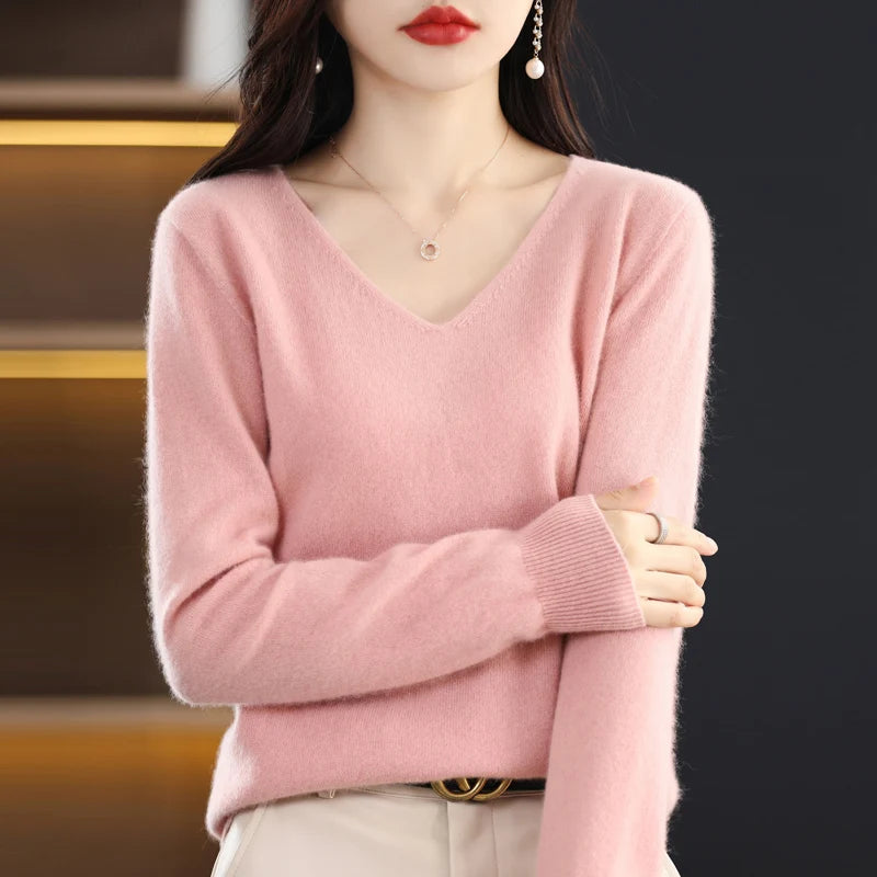 Women's knitted V Neck Merino Wool Sweater
