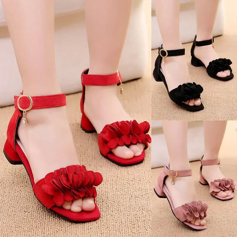 High-Heeled Black Princess Sandals for Girls