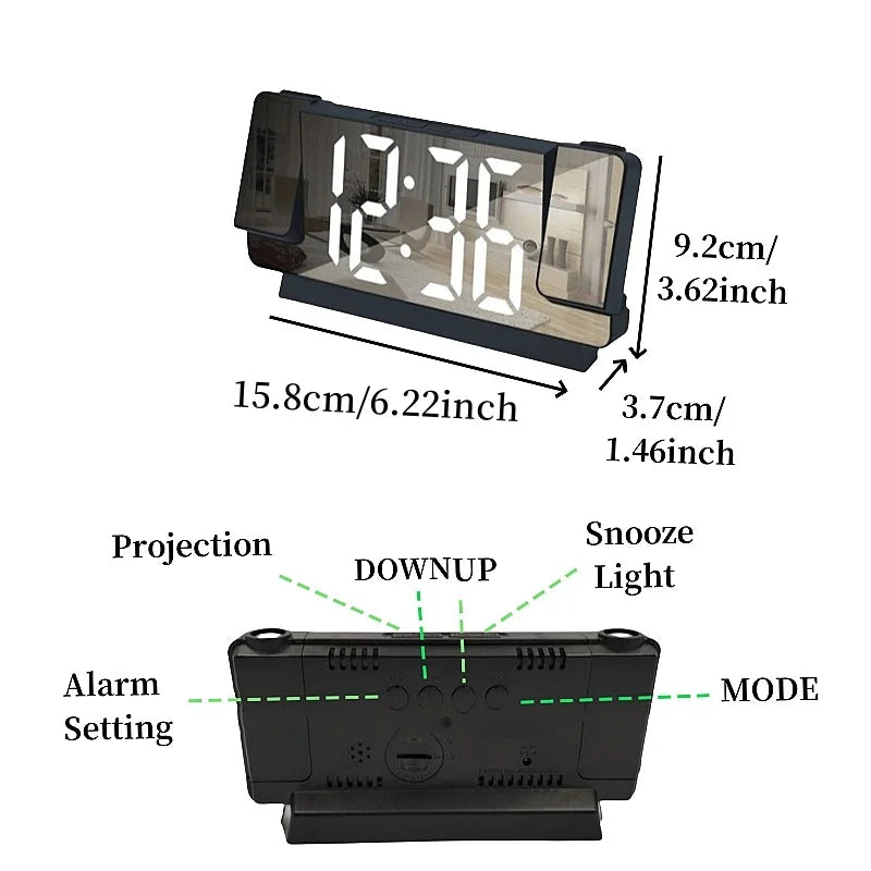 Réveil à projection rotative à 180° avec mode date/nuit et température