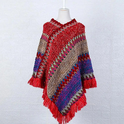 Warmer mongolischer Winterponcho mit Quasten für Damen