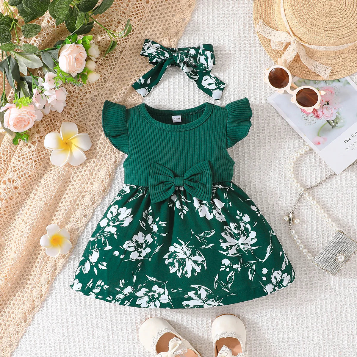 Robe nouée à manches volantées pour bébés filles, jolie robe nouée avec nœud imprimé floral