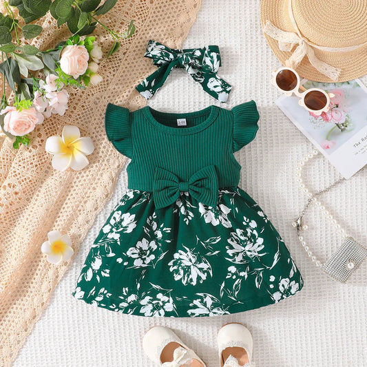 Baby Girls Ruffled Sleeve Cute Floral Printed Bow Knotted Dress
