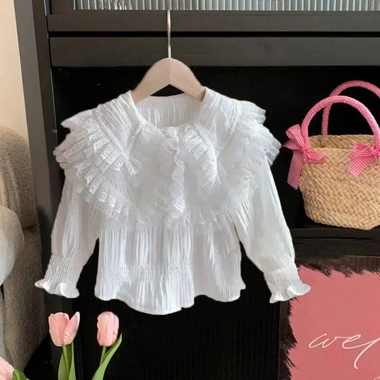 Mädchen Spitze Langarm Shirt Mädchen Spitze Langarm Shirt Große Kragen Frühling Herbst Mode Baby Kleidung Koreanischen Stil Weißes Hemd Kinderbekleidung