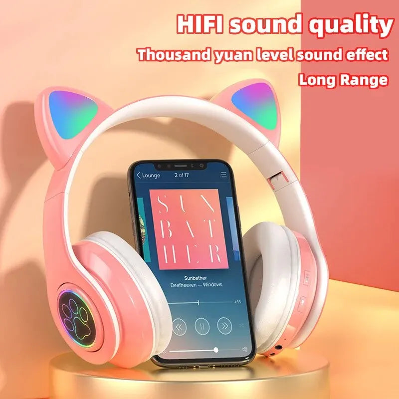 P91H Cute Cat Ears BT Wireless Headphone - Com Mic E Flash Light Capacity LED Headset