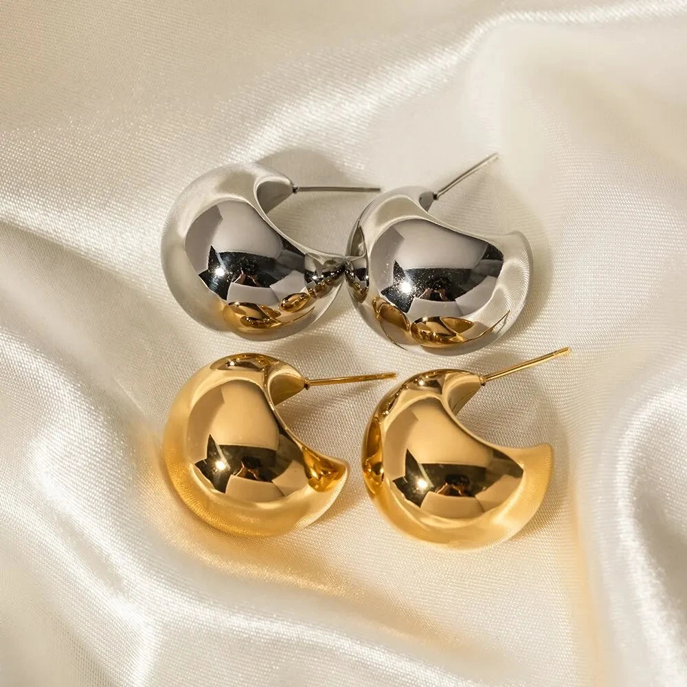 Vintage Chunky Dome Drop Earrings - Women Gold Plated Stainless Steel Thick Teardrop Earring