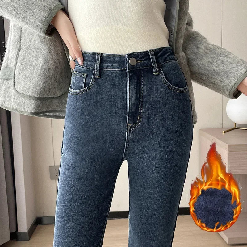 Plush Flared Jeans with Thermal Fleece for Women