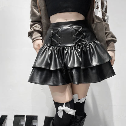 PU Leather High Waist Lace-Up Mini Skirt