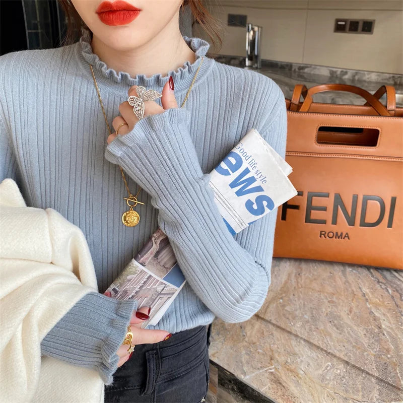 Long Sleeve Slim Elastic Knitted Women's Mock Neck Sweater