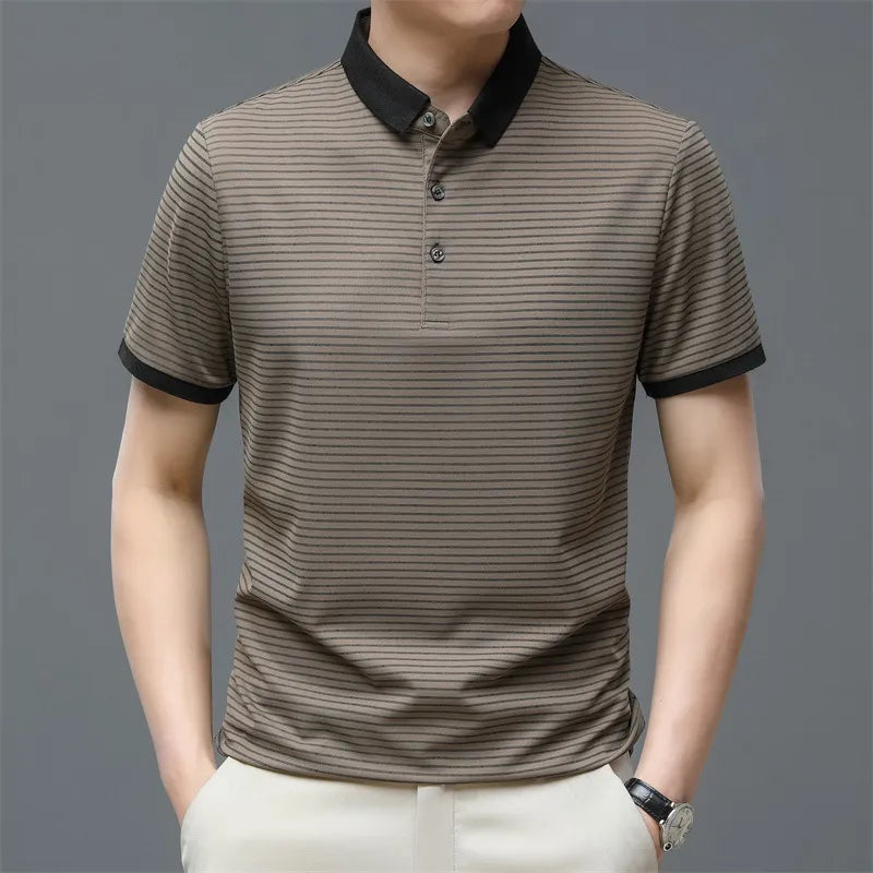 Brown Summer Striped Turn-Down Collar Men's T-Shirt, Business Casual Golf