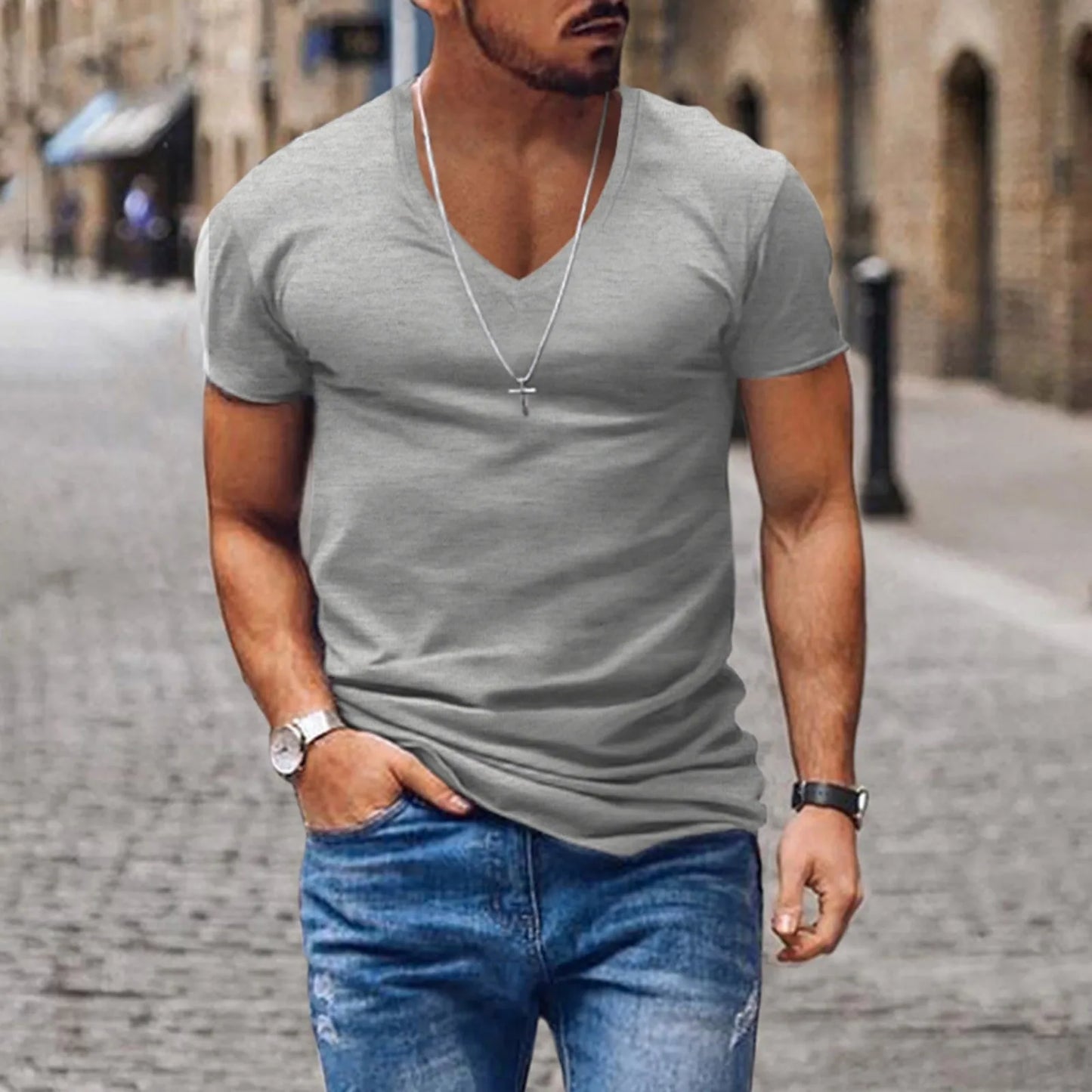 Men's Solid Color T-shirts - Short Sleeve V Neck Streetwear