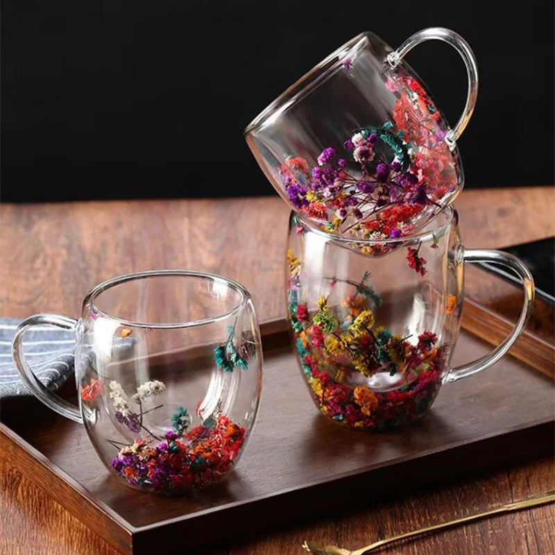 Tasse en verre double couche avec motif de vraies fleurs