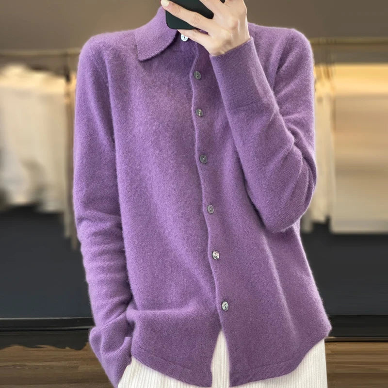 Cardigan à col polo en laine mérinos pour femme