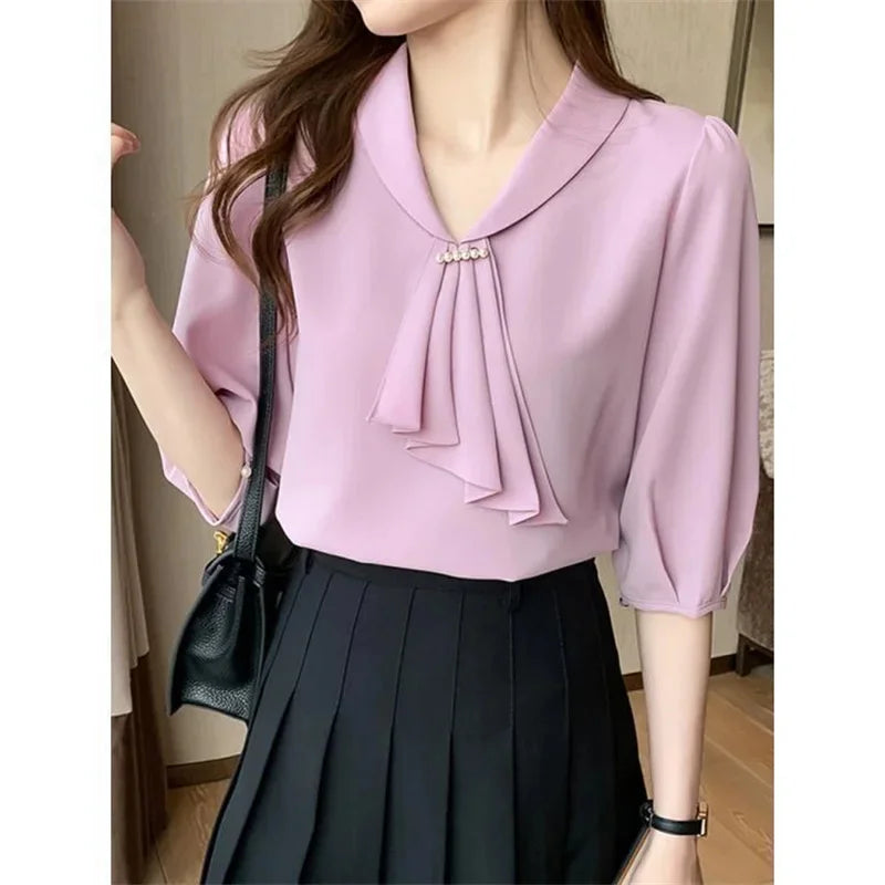 Women's Short Sleeve Bow Tie Chiffon Office Blouses