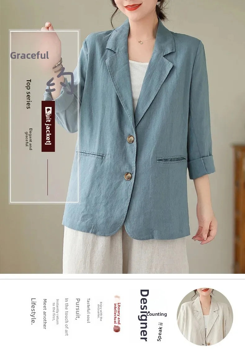 Blazer d'été à manches longues en coton et lin d'inspiration vintage avec col à revers