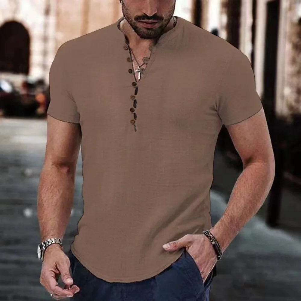 Men's Short Sleeve T Shirt - V neck Cotton Linen Tops