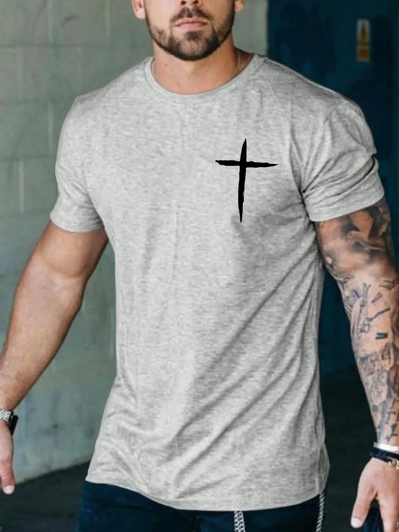 Oversized Cotton T-Shirt with Handwriting Cross Print