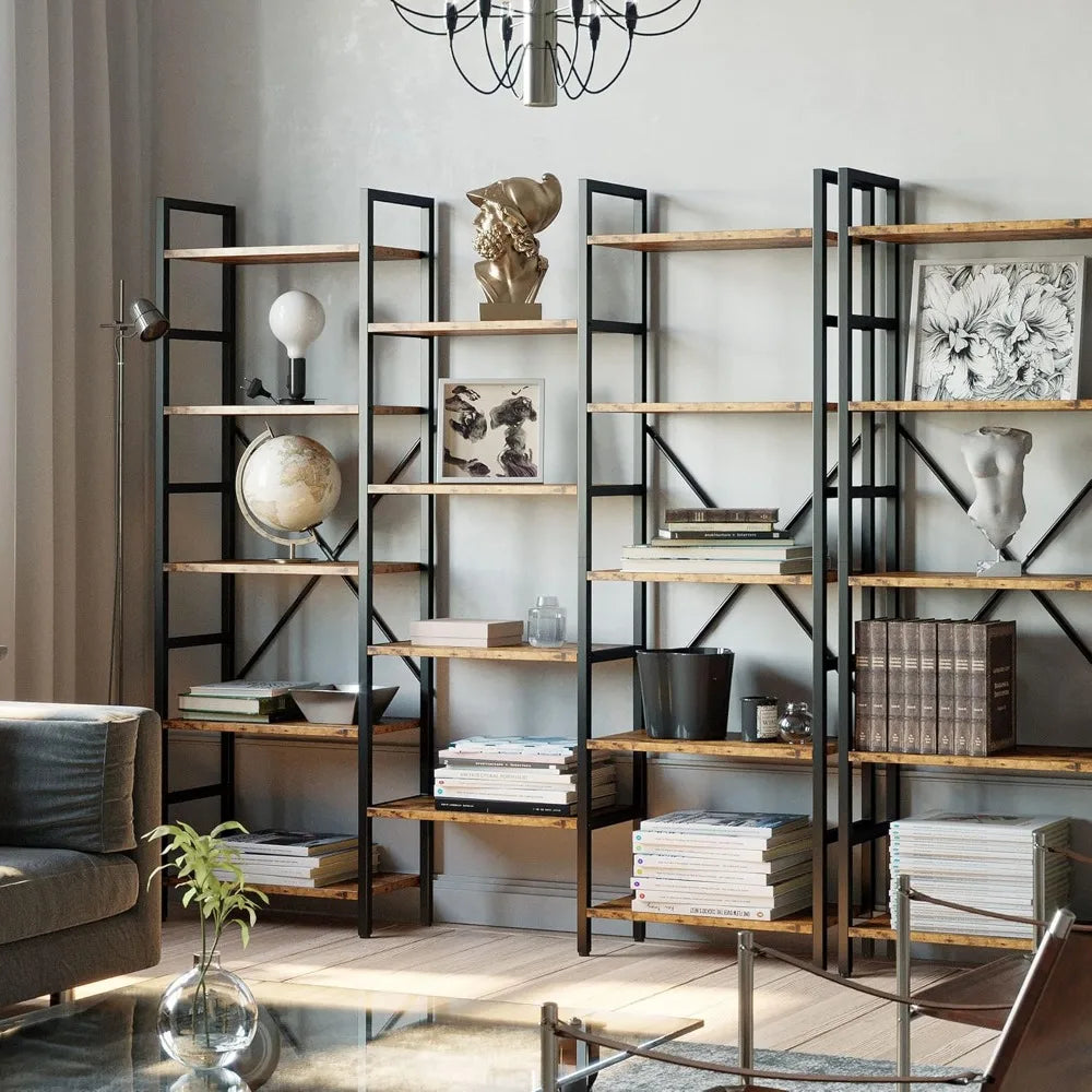 Triple Wide 5 Tiers Industrial Bookshelf - Open Display Metal Frame Shelves