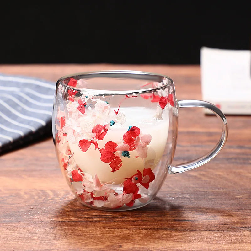 Tasse en verre double couche avec motif de vraies fleurs