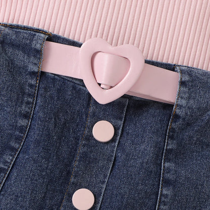 Mädchen Hochgeschlossener, langärmliger gerippter Denim-Faltenrock mit Gürtel