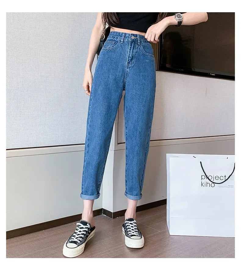 Jean amincissant taille haute pour femme, coupe ample et droite