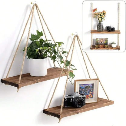 1PC Wooden Swing Hanging Hemp Rope Wall Shelves Mounted Floating Home Living Room Plant Flower