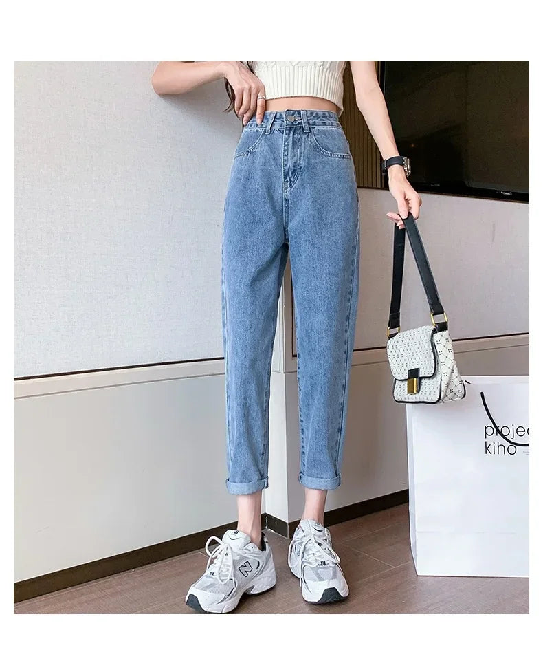 Jean amincissant taille haute pour femme, coupe ample et droite