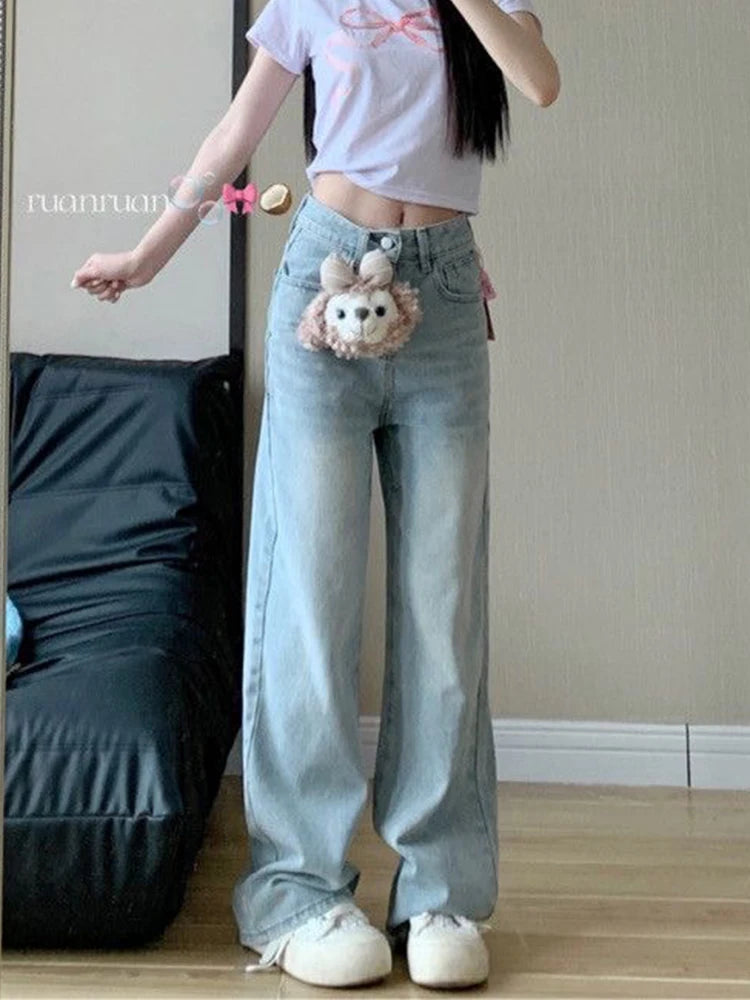 Korean Light Blue High-Waist Wide Leg Jeans