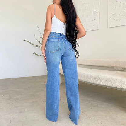 Shop High-Waist Knee-Ripped Straight Jeans Online