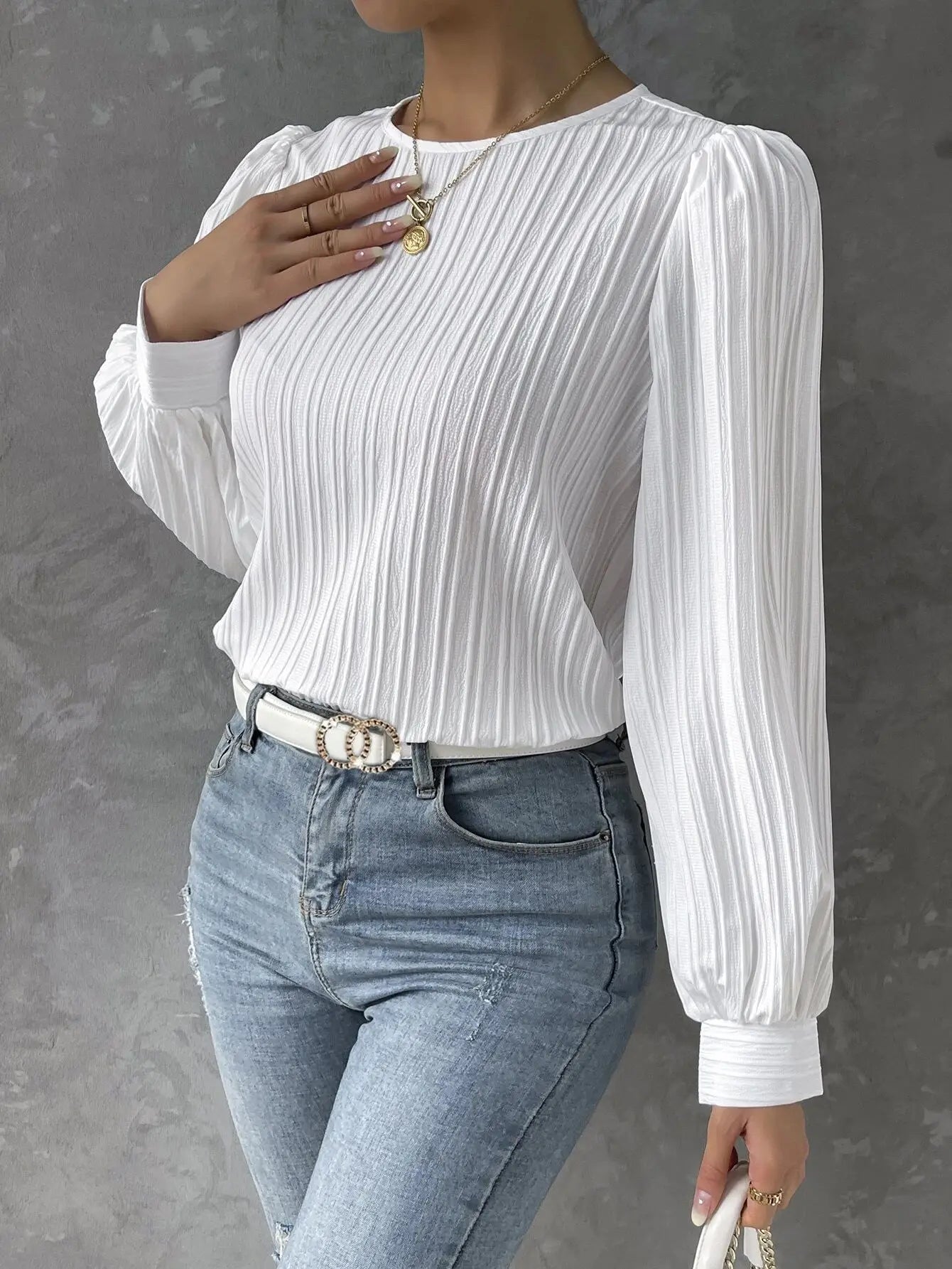 Round Neck Long Sleeve Shirts - White Women's Blouses