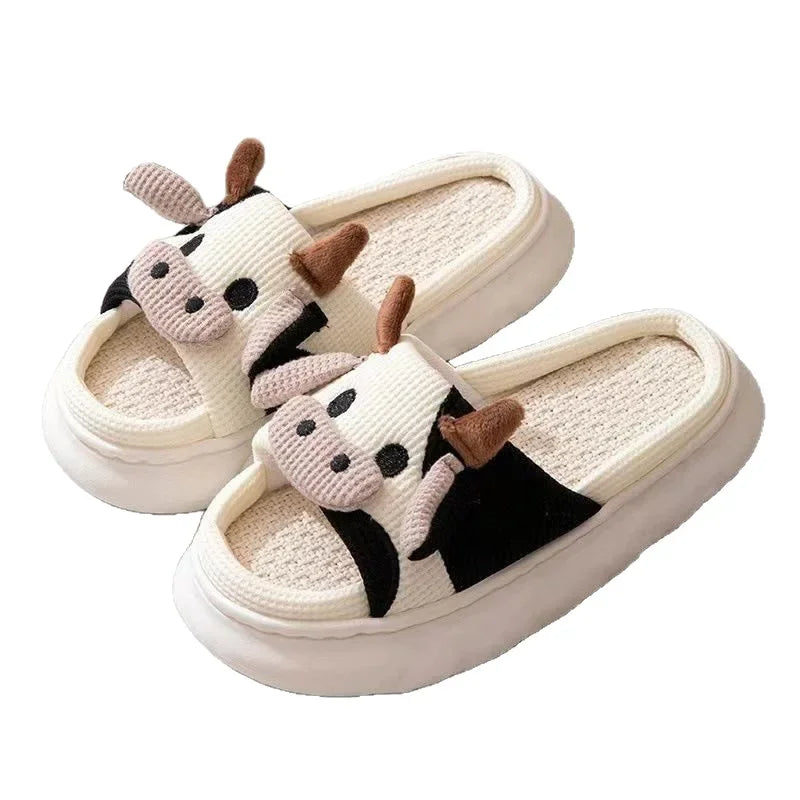 Rutschfeste, süße Leinen-Hausschuhe mit Cartoon-Kuh-Motiv
