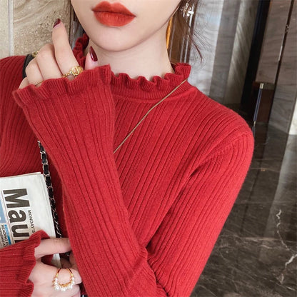 Long Sleeve Slim Elastic Knitted Women's Mock Neck Sweater