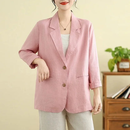 Blazer d'été à manches longues en coton et lin d'inspiration vintage avec col à revers