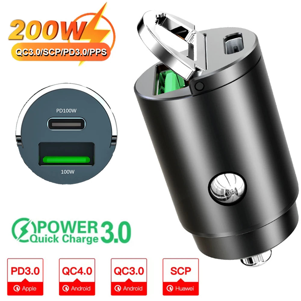 100W/200W QC3.0 PD Mini Car Charger  - 12-24V Fast Charging