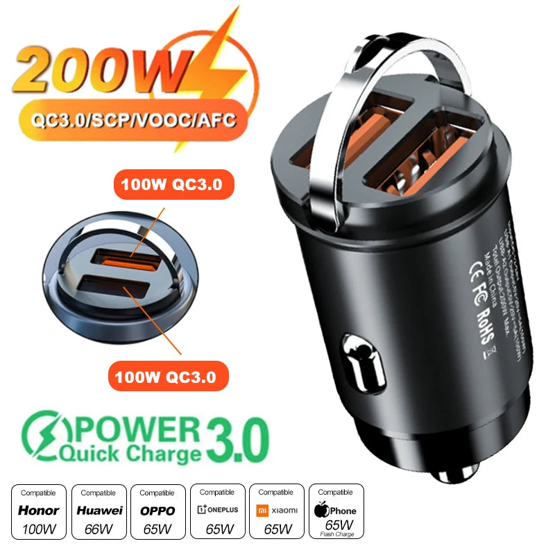 100W/200W QC3.0 PD Mini Car Charger  - 12-24V Fast Charging