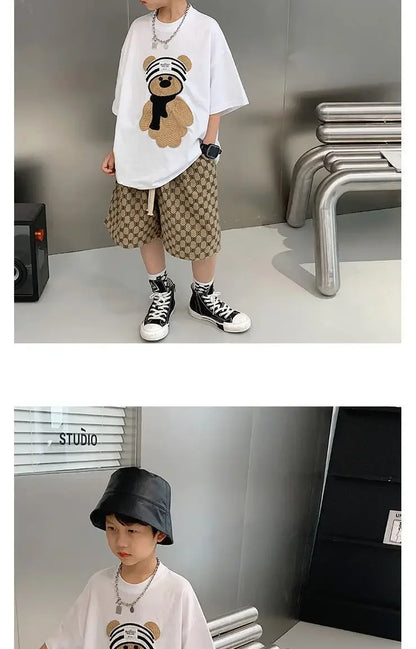 Baby Boy Cotton Embroidered Top with Brown Drawstring Pants