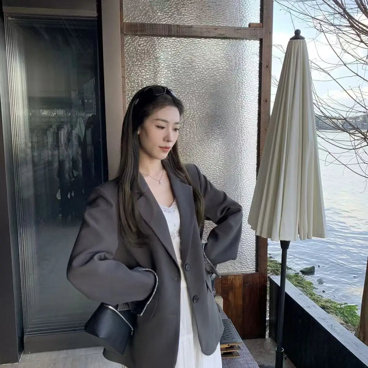 Blazer patchwork en dentelle à manches longues pour femme